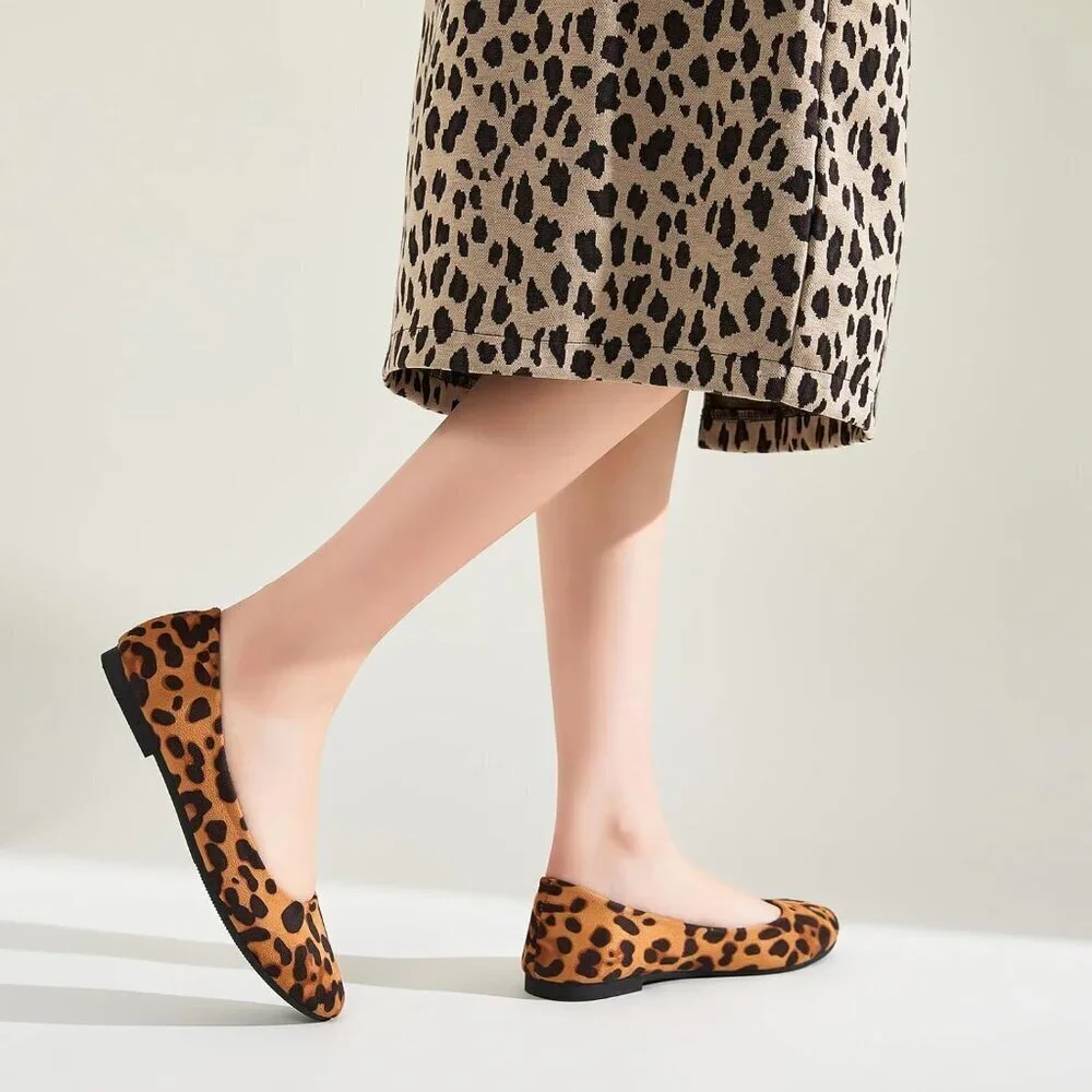 Women Mesh Ballet Leopard Flats Bow Pointed Toe Comfortable Dress Shoes for Work